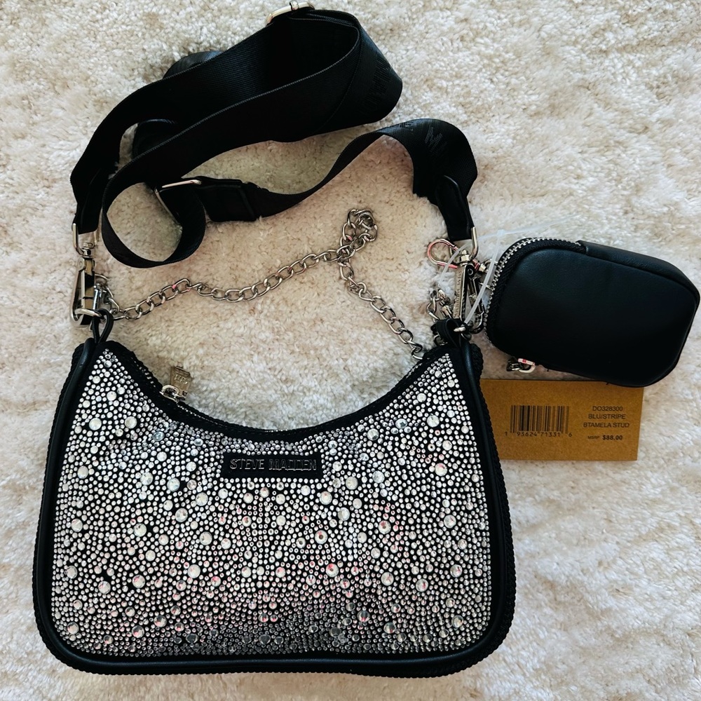 STEVE MADDEN BTAMELA STUD CROSSBODY BAG SHOULDER PURSE TOP HANDLE SILVER NWT
